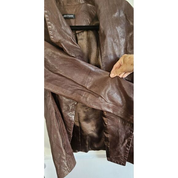 Eileen fish 100% Lamb leather jacket open front drapey‎ brown Sz M - Picture 6 of 11